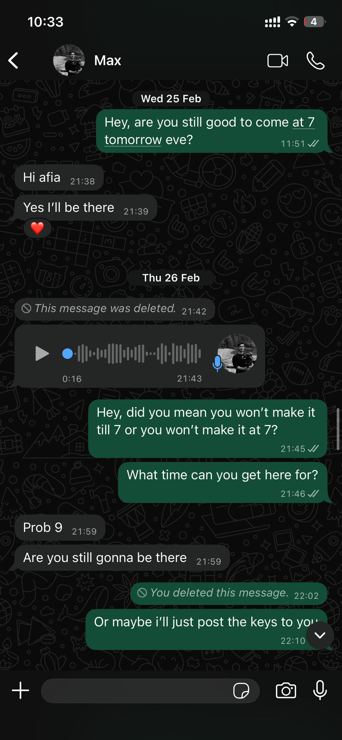 WhatsApp conversation Feb 25-26 - Max confirming then rescheduling
