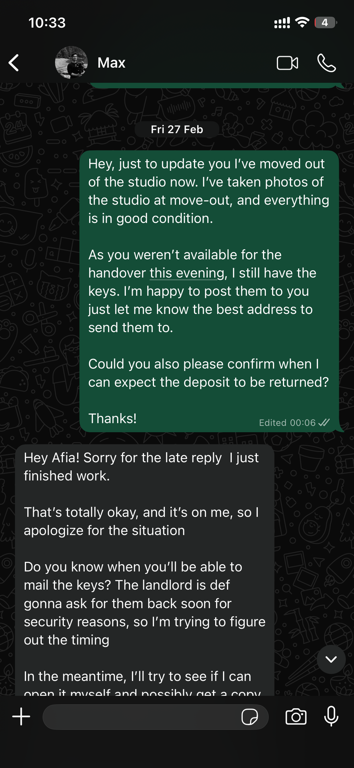 WhatsApp conversation Feb 27 - Afia's move-out message