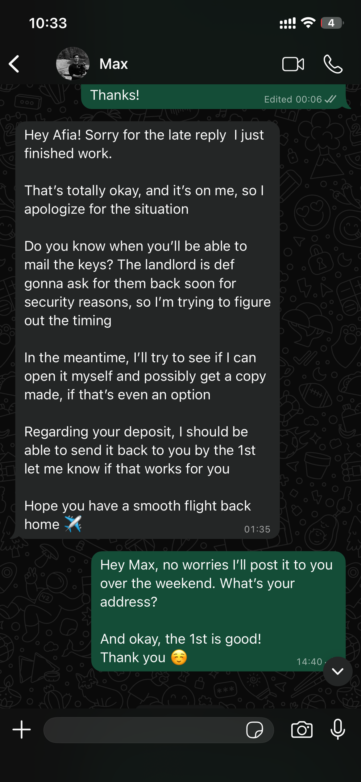 WhatsApp conversation Feb 27 - Max promises deposit by the 1st