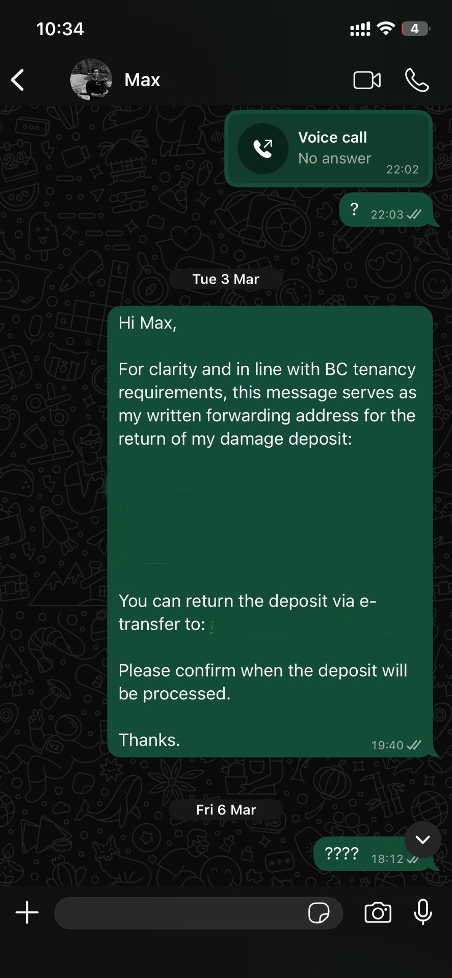 WhatsApp March 3 - Formal notice with address and e-transfer